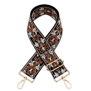 Ethnic style jacquard bag strap with geometric embroidery and gold metal buckles