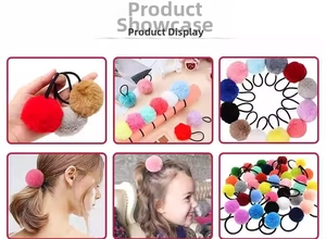 Detail showing various colors of plush pompom elastic hair ties for girls and children