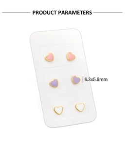 Detail showing dimensions of heart stud earrings set in pink, purple and white