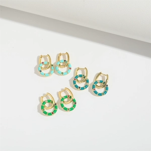 Colorful enamel hoop earrings with crystals in blue, teal, and green gold-plated finish