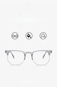 Detail showing 16g lightweight half-rim Clubmaster eyeglass frame with metal hinges