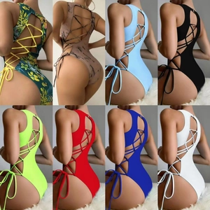One Piece Swimsuit For Women Sexy Backless Lace Up Strappy High Cut Polyester Spandex Monokini Bathing Suit