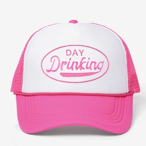 Pink and white mesh trucker hat with Day Drinking embroidery on a white canvas front