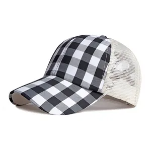 Women's plaid baseball cap with black and white grid pattern and breathable cream mesh back