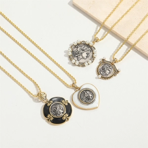 Retro gold necklaces with tribal pharaoh coin pendants and pearl enamel accents