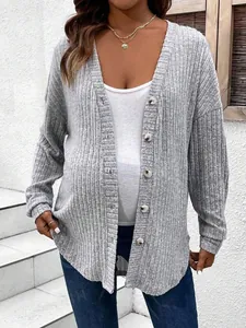 Detail of grey ribbed maternity cardigan featuring V-neck and amber button closure