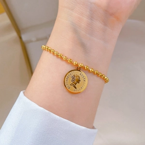 Vintage Elizabeth II Coin Pendant Bracelet Stainless Steel Round Bead Chain Adjustable Minimalist Retro Jewelry For Women