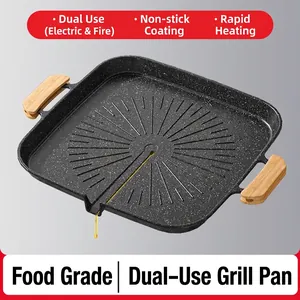 Korean Style Grill Pan Non-Stick Maifan Stone Coating Roasting Pan Outdoor Camping Home BBQ Aluminum Alloy With Wood Handle