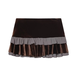 Velvet Layered Ruffle Mini Skirt High Waist Retro Contrast Color Brown Grey For Women