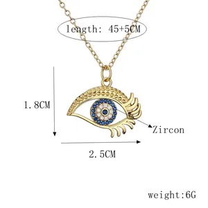 Detail view of zircon evil eye necklace showing dimensions 1.8x2.5cm and 45cm chain length