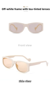 Detailed front and side views of beige square sunglasses with heart-shaped temple cutouts