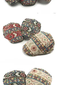 Detail of bohemian geometric jacquard fabric on stylish ethnic flat caps in three colors