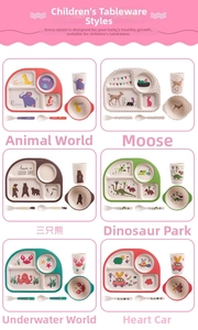 Bamboo fiber kids tableware set with colorful cartoon patterns in a 5-piece grid layout