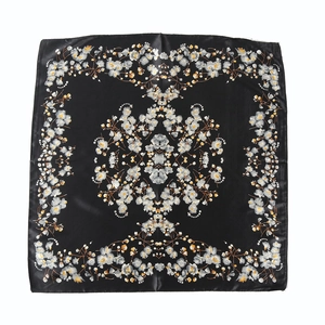 Elegant black satin square scarf with vintage floral patterns on a white background