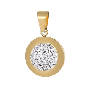 Macro shot of a gold round stainless steel pendant with sparkling diamond rhinestones