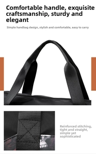 Primo piano delle cuciture rinforzate e dei manici di una borsa da viaggio nera.