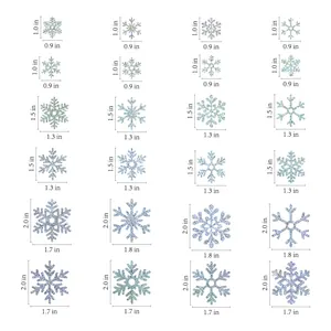 Size chart for 24 glitter snowflake stickers showing small, medium and large dimensions