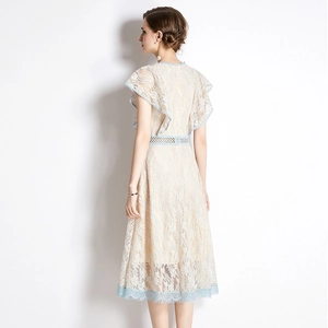 Lace midi dress with ruffled sleeves and hollowed waist detail in cream and light blue