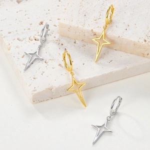Elegant 925 sterling silver four-point star hoop earrings in gold and silver finish