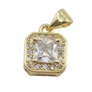 Elegant gold plated square pendant with large central zircon and surrounding crystals