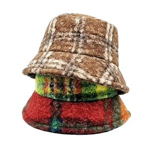 Thick plush plaid bucket hats for women in three colors for winter warmth
