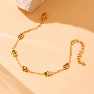 Gold plated stainless steel Hamsa hand charm anklet with adjustable lobster clasp