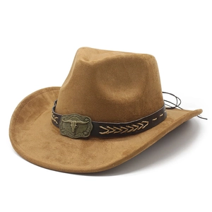 Classic brown suede cowboy hat with a metal bull head buckle and braided leather band