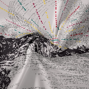 Detailed view of lightweight tapestry fabric with black mountain print and colorful lines