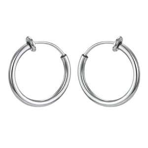 Polished silver stainless steel clip-on hoop earrings for non-pierced ears in minimalist style