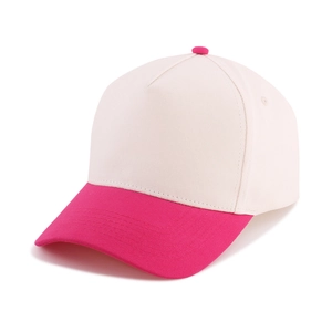 Detail view of pink and beige cotton five-panel baseball cap with reinforced stitching