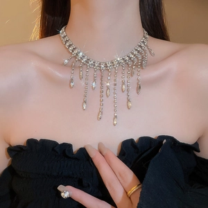 Detail of elegant silver tassel necklace featuring shimmering rhinestones on a female model