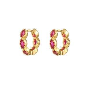Macro view of gold-tone earrings with marquise-cut purple and red crystals