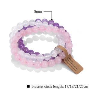 Three-layer natural stone bead bracelet set with 8mm amethyst and crystal beads