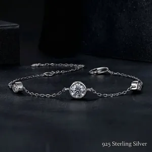 Elegant S925 sterling silver chain bracelet featuring three round sparkling moissanite stones