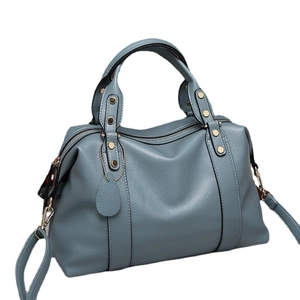 Blue textured faux leather Boston bag with gold studs and detachable shoulder strap