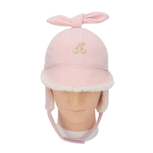 Winter thermal baby hat with pink corduroy, cherry embroidery and plush lining