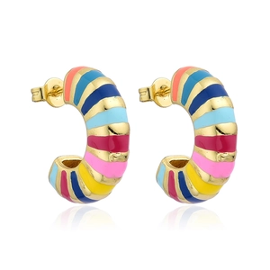Retro gold C-shaped hoop earrings with colorful enamel stripes on a white background