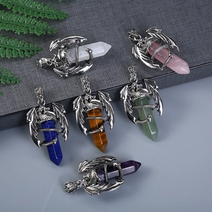 Dragon Wrapped Crystal Necklace Natural Stone Hexagonal Column Pendant Gothic Fantasy Jewelry For Men And Women
