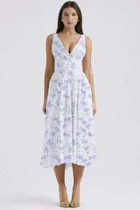 Detailed close-up of blue floral print and V-neckline on a slim white summer maxi dress
