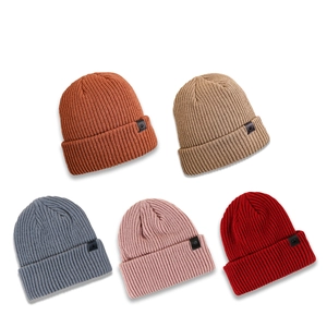 Simple fall winter knit beanie hats with leather label available in five solid colors