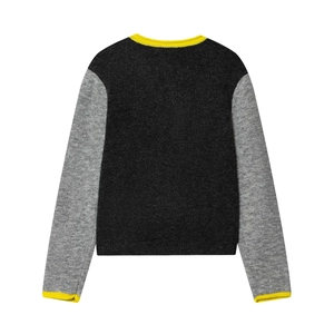 Modern color-block knit sweater in dark grey with yellow ribbed cuffs and neckline