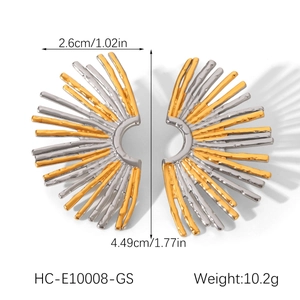 Detail view of two-tone fan earrings showing dimensions 4.49cm height and 10.2g weight