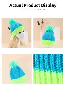 Detailed views of color-block knit beanie with mixed pom-pom and thick ribbed texture