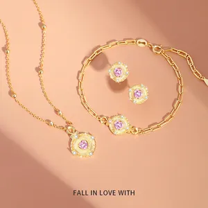 925 Sterling Silver Pink Heart Zirconia Necklace Bracelet Earrings For Women Elegant Fashion Gold Plated Jewelry Gift
