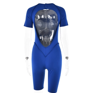 Back view of sexy blue backless short sleeve bodysuit with high waist slim fit design
