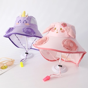 Detail of the USB charging fan and cute cartoon embroidery on child sun hat
