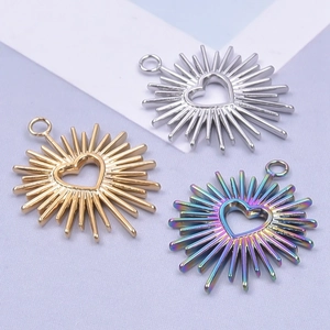 Stainless steel sun heart pendants in gold, silver, and rainbow plating for DIY necklaces