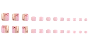 Detailed view of pink butterfly pattern and solid pink glossy press-on toe nails