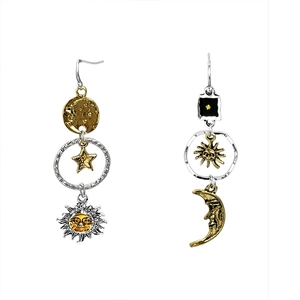Vintage asymmetrical sun and moon drop earrings in antique gold and silver metal finish