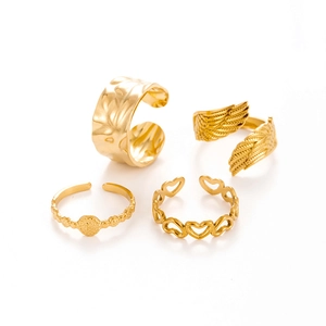 4-piece gold stainless steel ring set featuring hollow heart and wing adjustable designs
